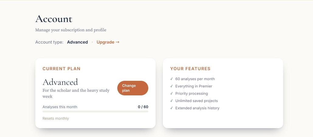 Your account and plan screen