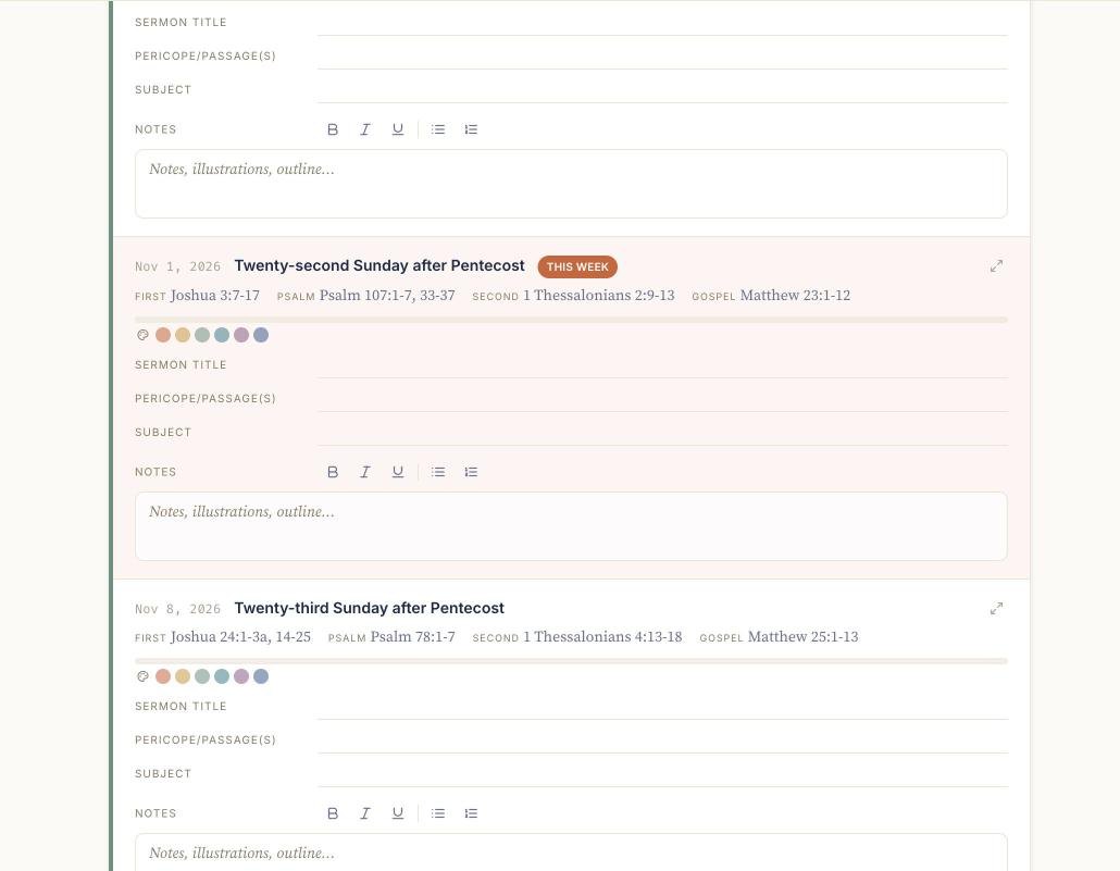 Plan ahead with the Preaching Calendar, second screen