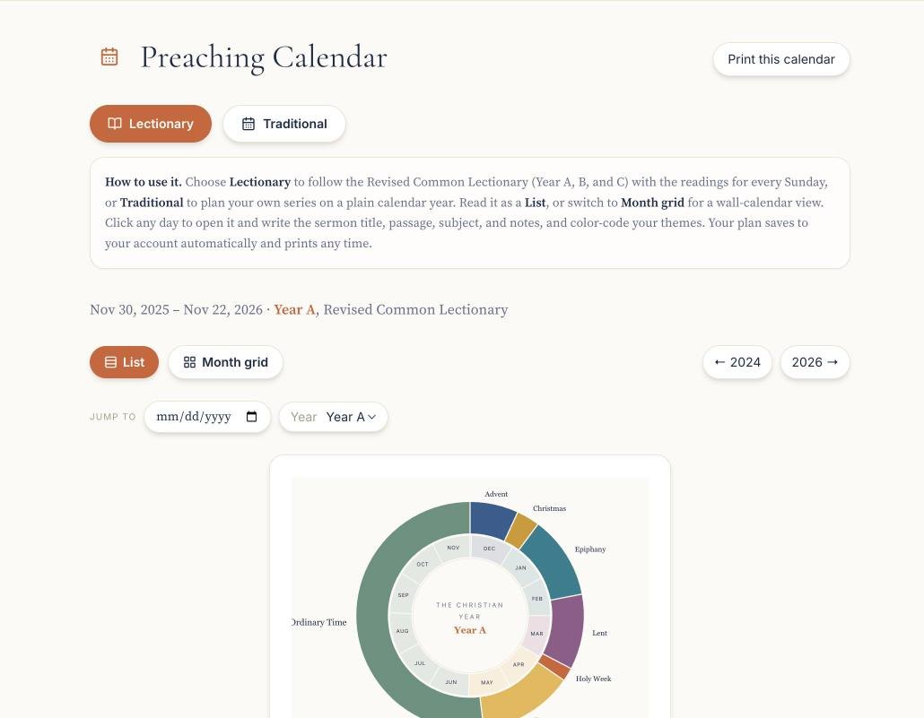 Plan ahead with the Preaching Calendar screen